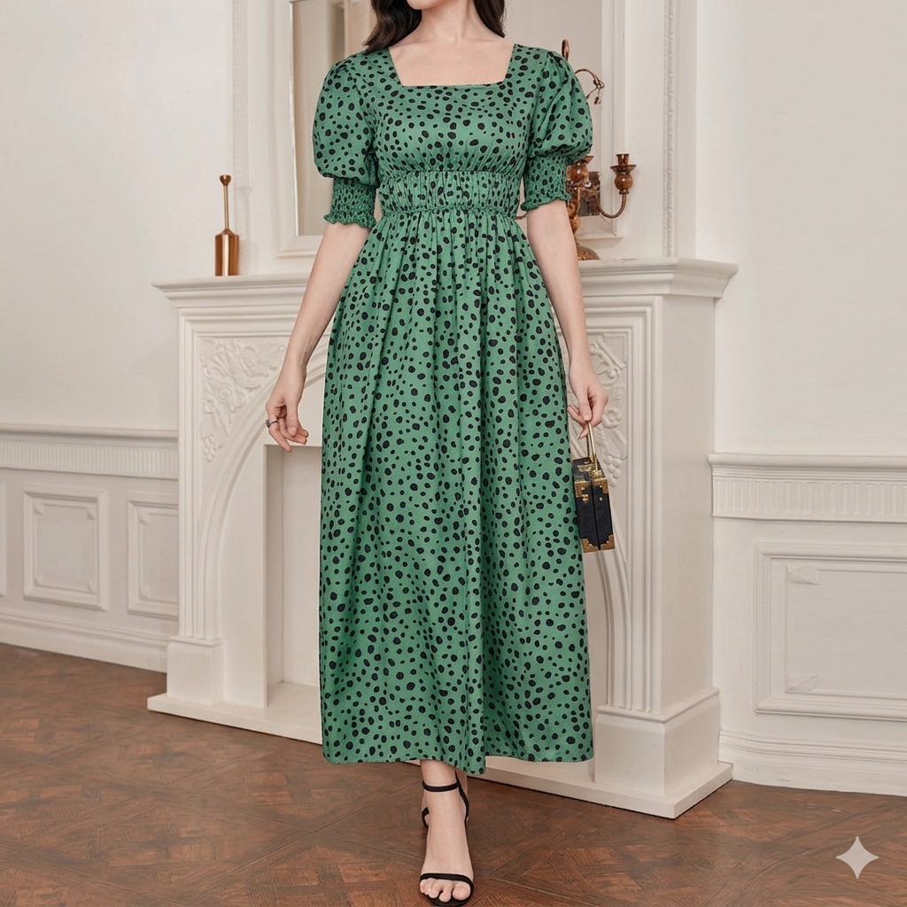 Square Collar Puff Sleeve High Waist Dress
