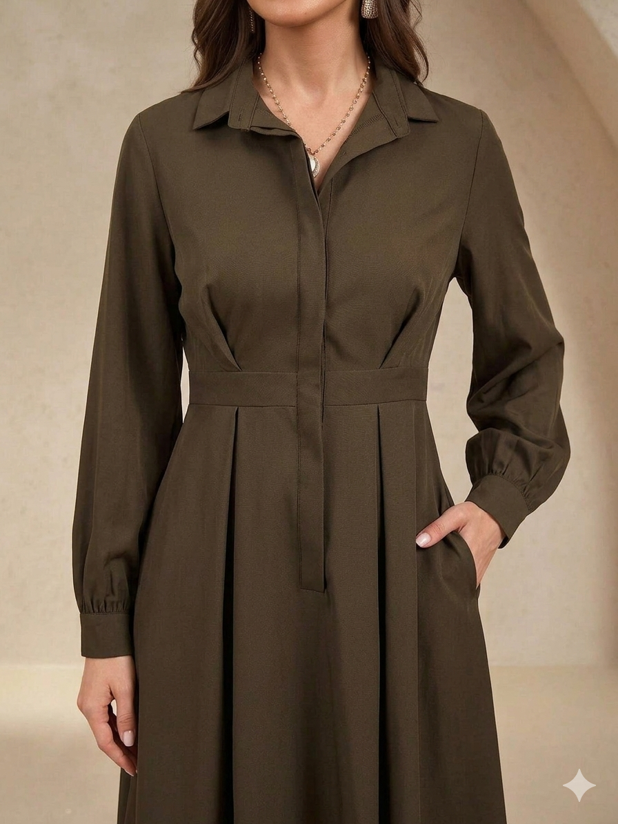 Elegant Shirt Collar Long Sleeve A-Line Dress, Solid Color Waist Cinched Maxi Dress