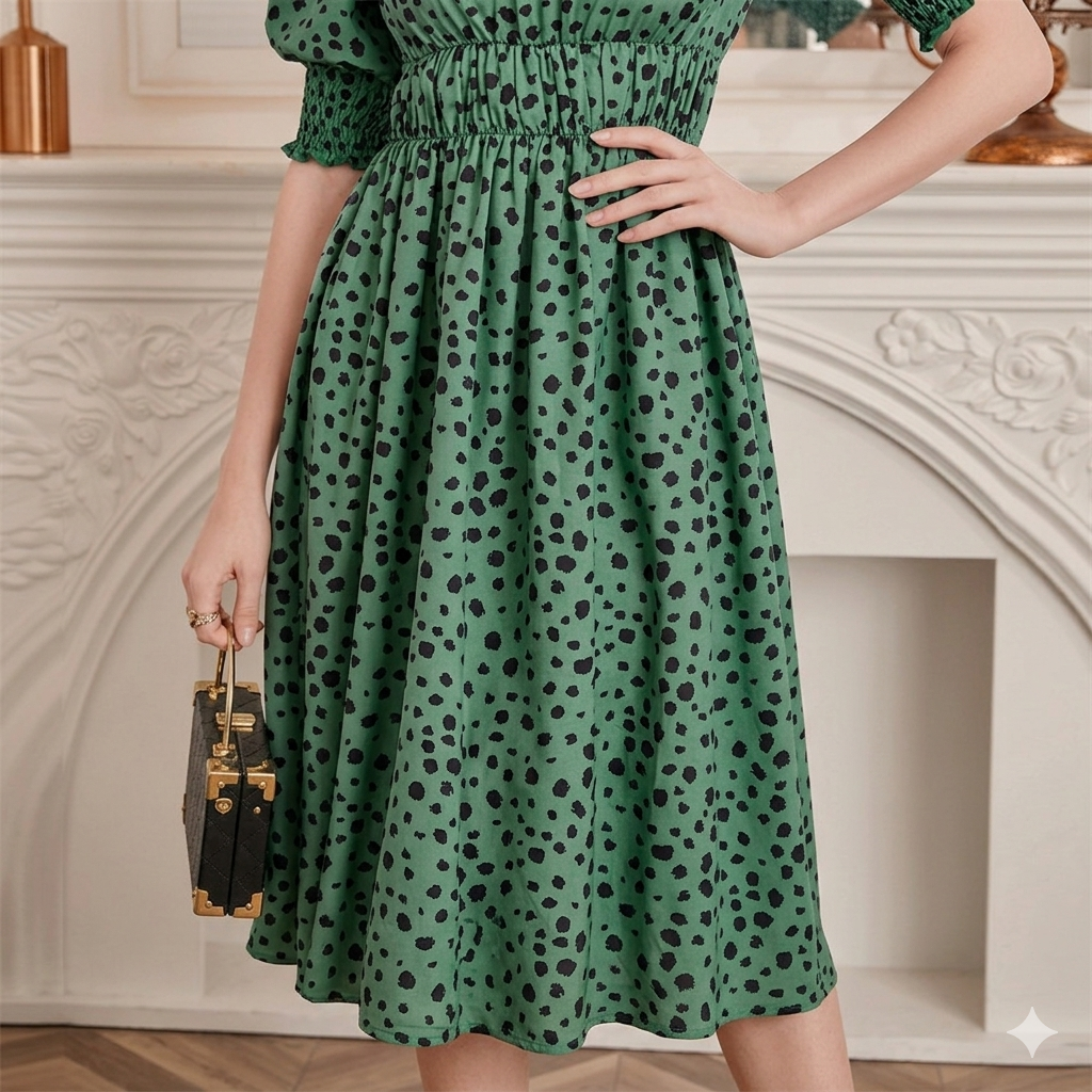 Square Collar Puff Sleeve High Waist Dress