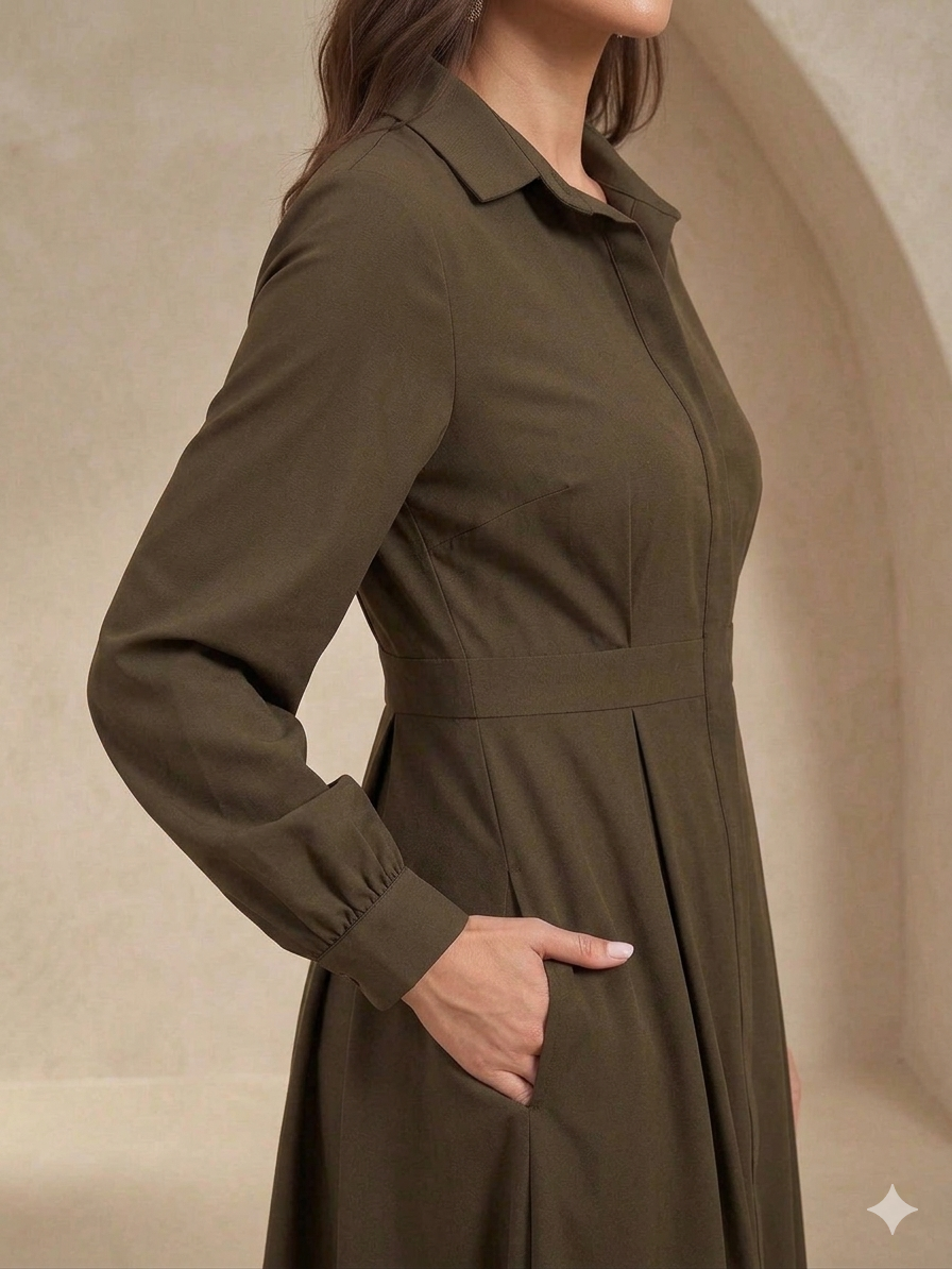 Elegant Shirt Collar Long Sleeve A-Line Dress, Solid Color Waist Cinched Maxi Dress